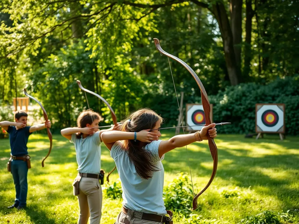 An action shot of archers competing in a local archery tournament, showcasing the focus and precision required in competitive archery. The event is held at the club's outdoor range.