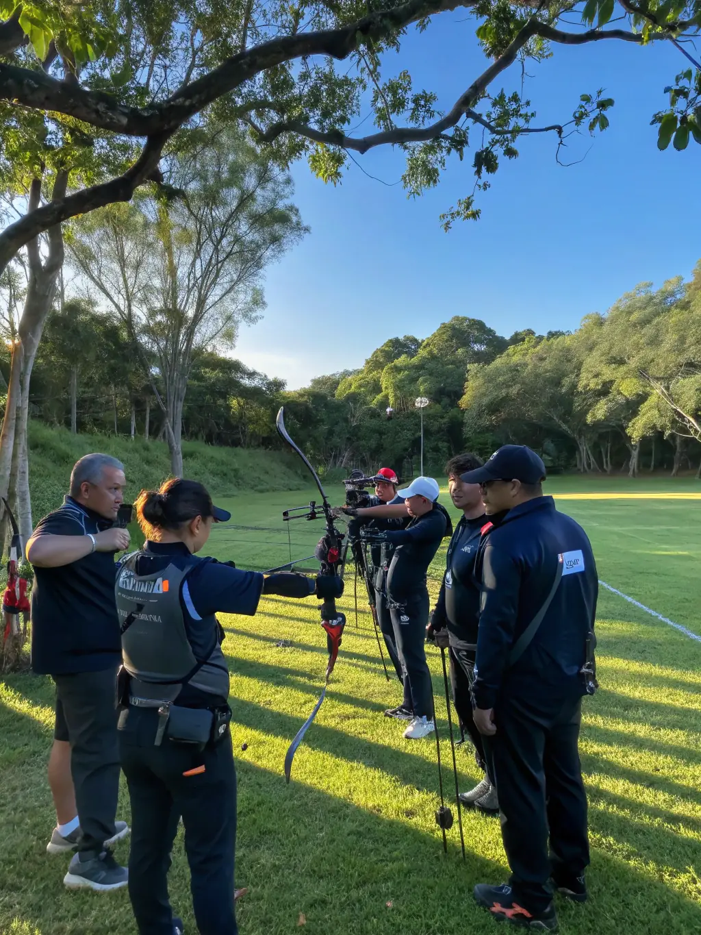 A group of archers of varying ages and skill levels participating in a friendly archery competition at the SROTA range, highlighting the club's inclusive and community-oriented atmosphere.