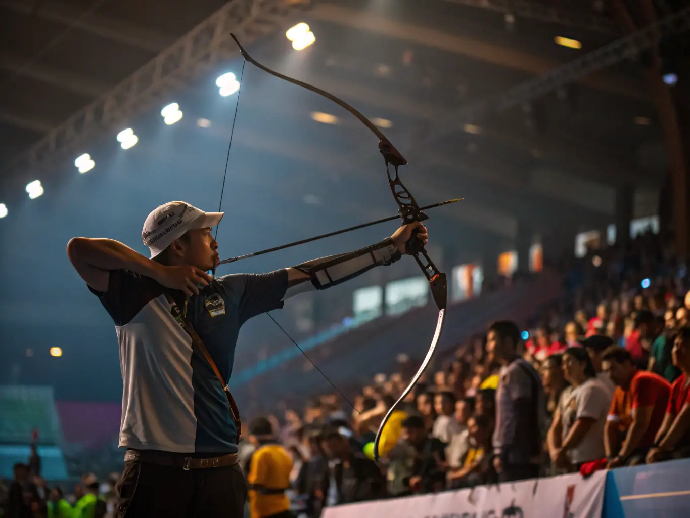A focused archer, bow drawn, aiming at a target during a training session at SROTA, showcasing the precision and skill development fostered by the club.