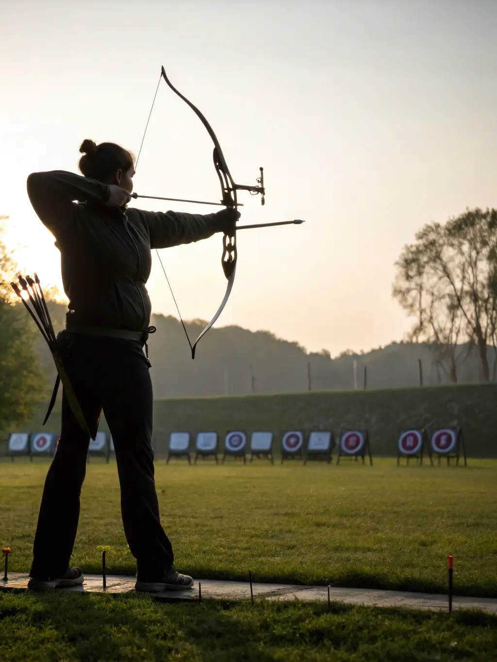 A close-up shot of an archer's hand expertly drawing back the bowstring, showcasing the precision and focus required in archery, set against the backdrop of the archery range at SROTA.